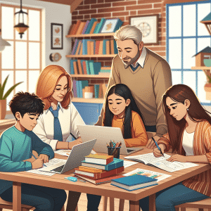 Family working together at a table, with adults guiding children through homework, symbolizing a supportive learning environment for managing ADHD.